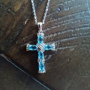 Sterling silver aquamarine cross necklace